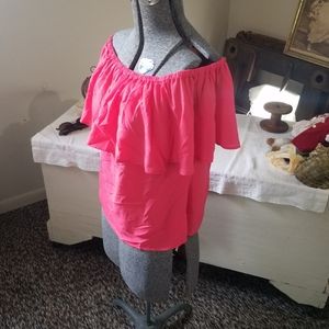 Coral off the shoulder ruffle blouse.